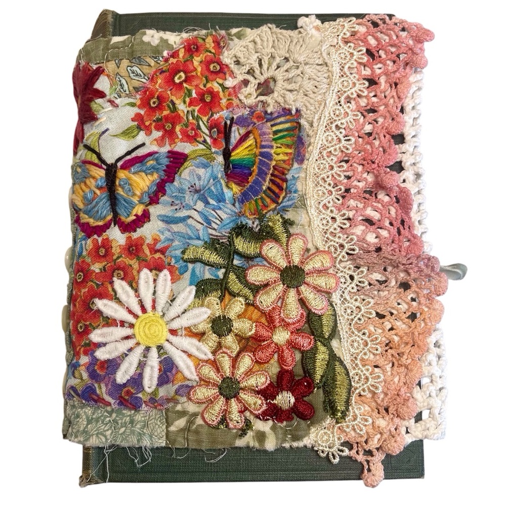 Handmade vintage book journal - slow stitched hand embroidered cover